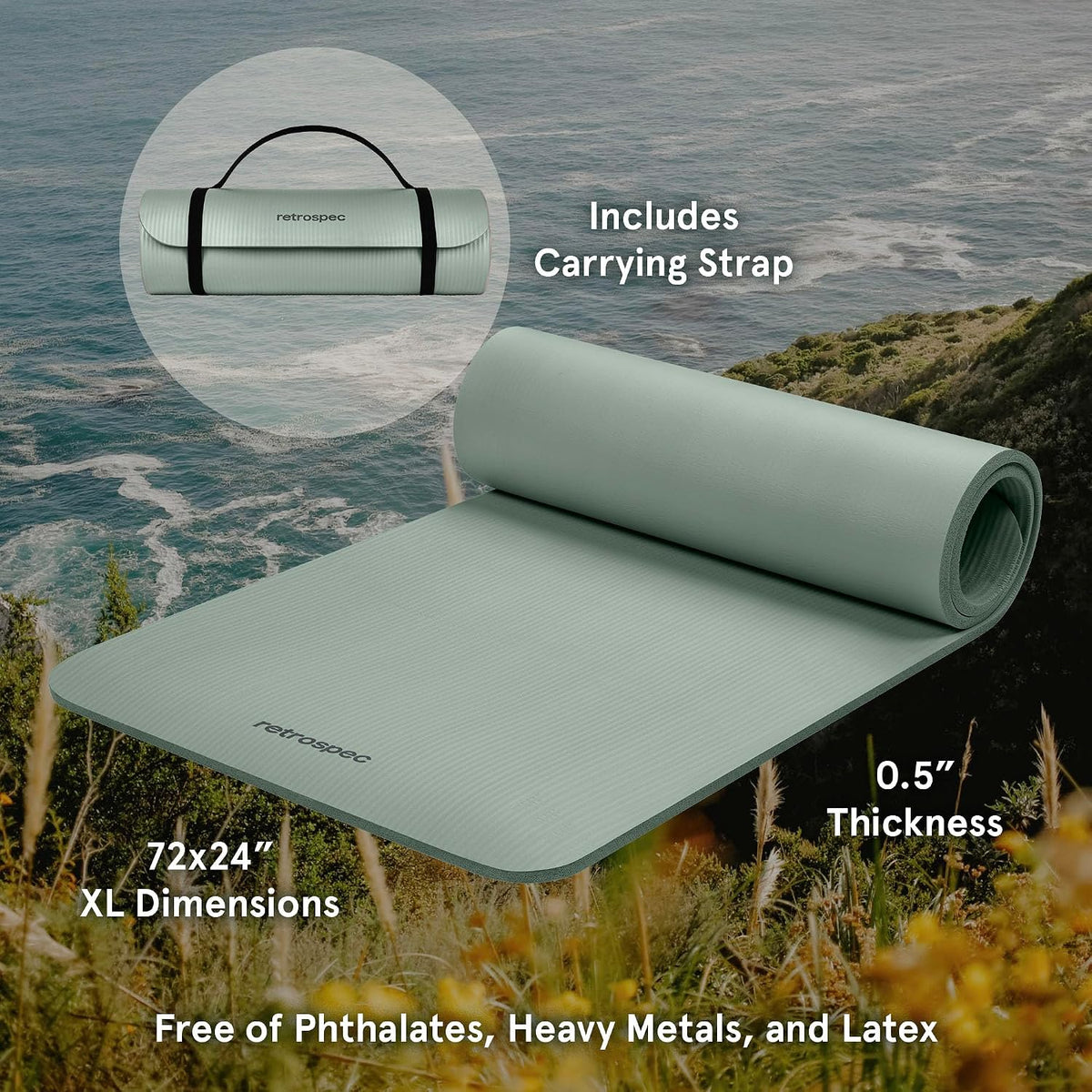 Solana Yoga Mat 1/2" Thick W/Nylon Strap for Men & Women - Non Slip Excercise Mat for Yoga, Pilates, Stretching, Floor & Fitness Workouts