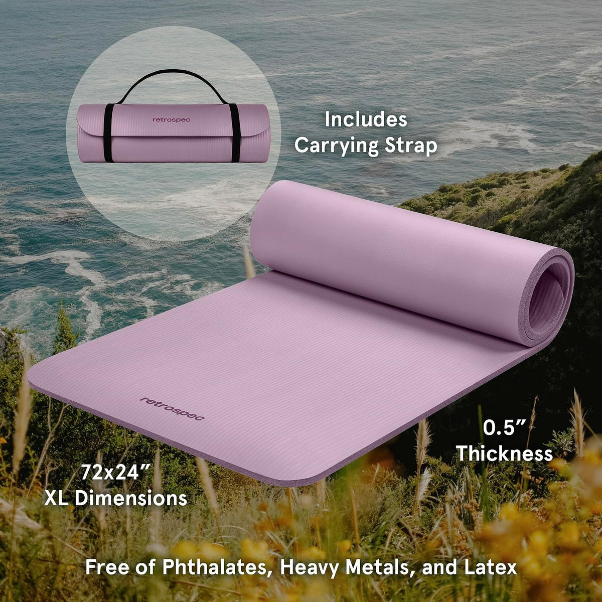 Solana Yoga Mat 1/2" Thick W/Nylon Strap for Men & Women - Non Slip Excercise Mat for Yoga, Pilates, Stretching, Floor & Fitness Workouts