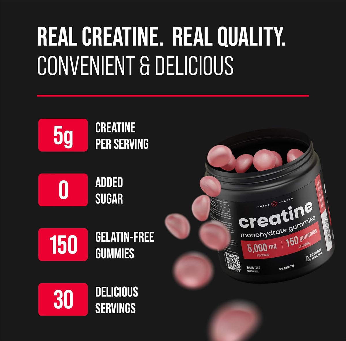 Creatine Monohydrate Gummies 5000Mg | Chewable Gummies for Men & Women | Sugar-Free Chewable Creatine Gummy Supplement for Muscle Recovery, Performance & Strength | 150 Count | 1000 Mg per Gummy