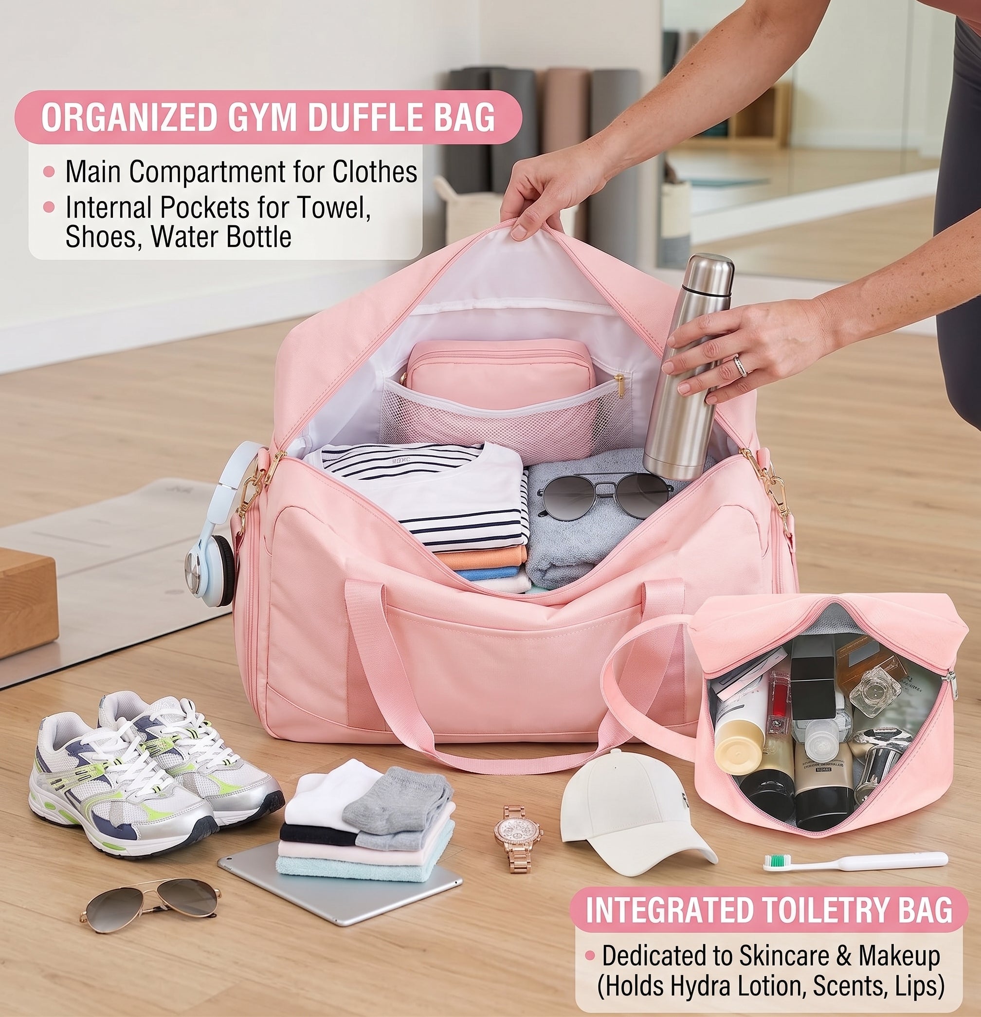 Women’s Gym Duffle Bag – Shoe Compartment, Wet Pocket & Yoga Mat Holder