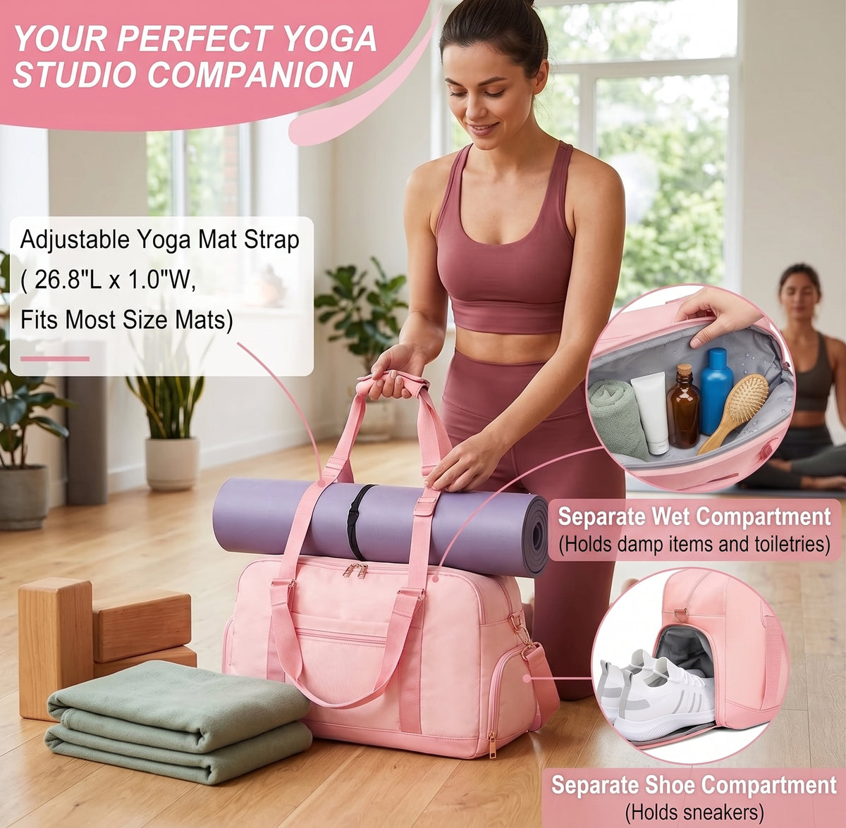 Women’s Gym Duffle Bag – Shoe Compartment, Wet Pocket & Yoga Mat Holder