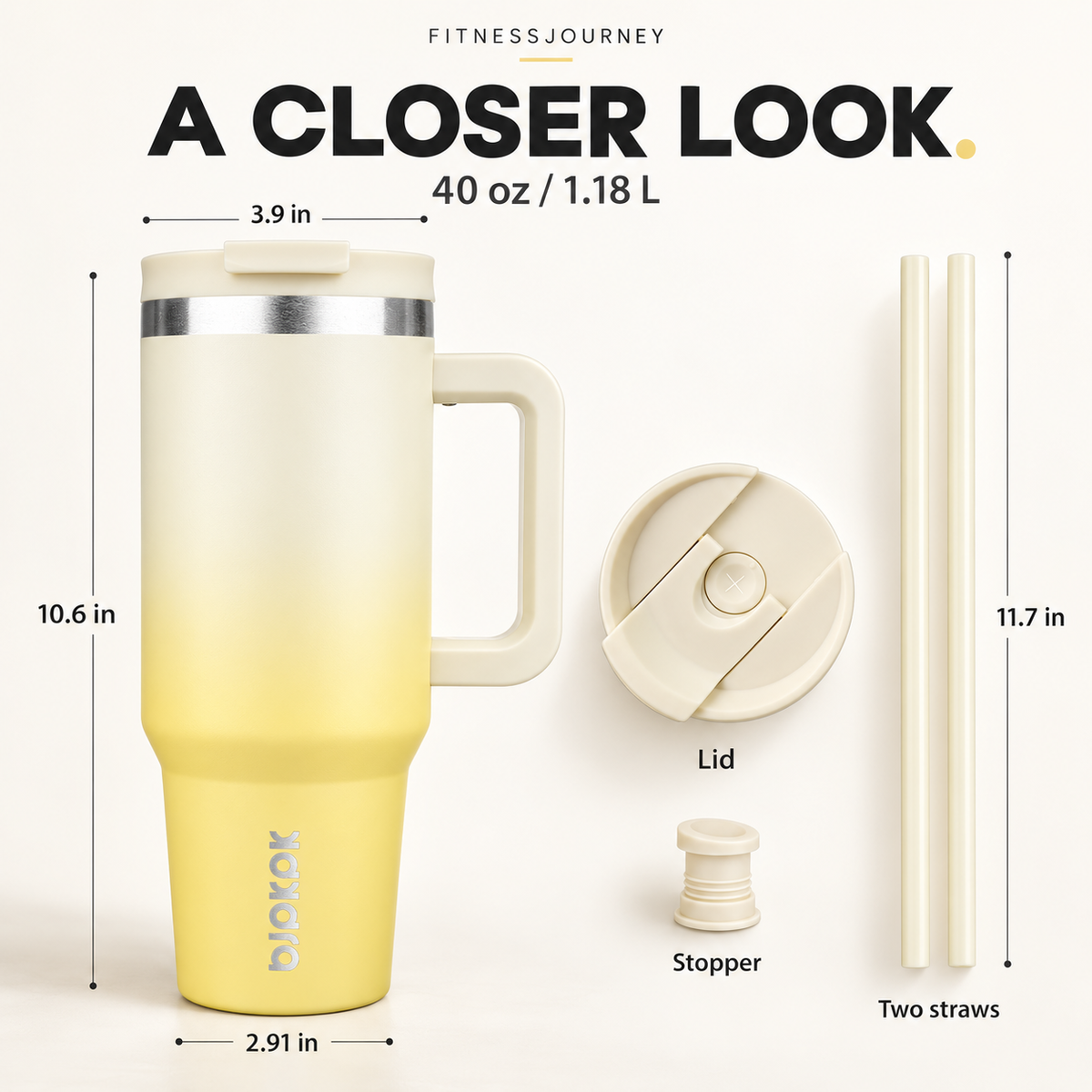 40 Oz Insulated Tumbler with Handle & Straw, Stainless Steel