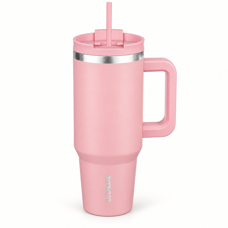 40 Oz Insulated Tumbler with Handle & Straw, Stainless Steel