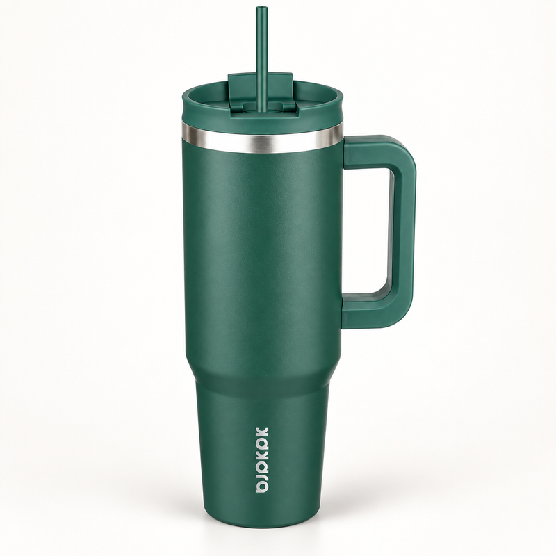 40 Oz Insulated Tumbler with Handle & Straw, Stainless Steel