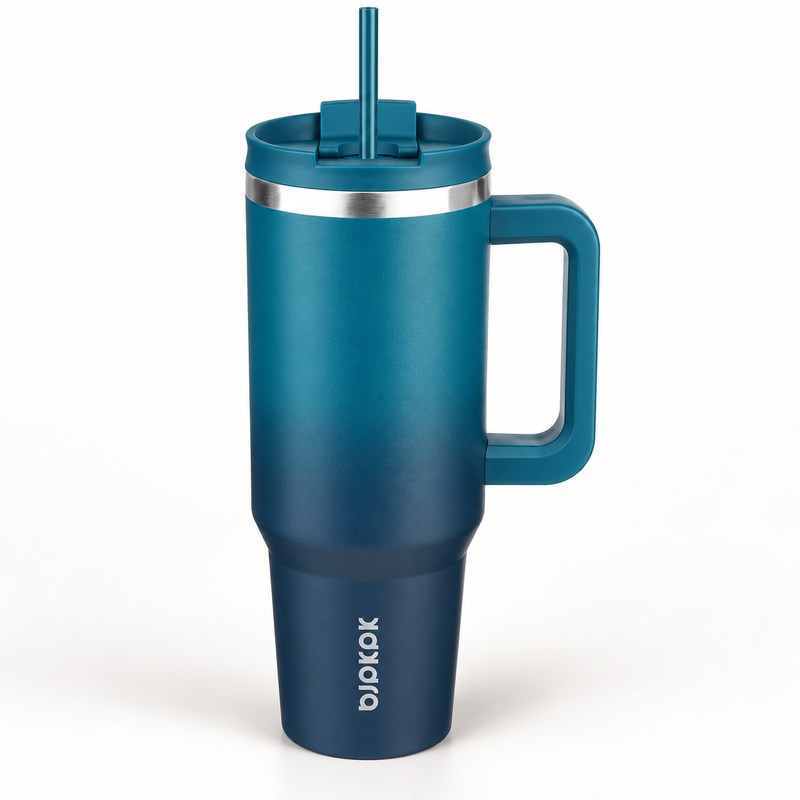 40 Oz Insulated Tumbler with Handle & Straw, Stainless Steel