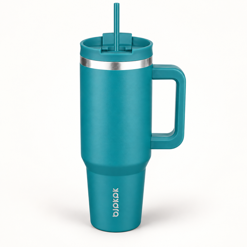 40 Oz Insulated Tumbler with Handle & Straw, Stainless Steel