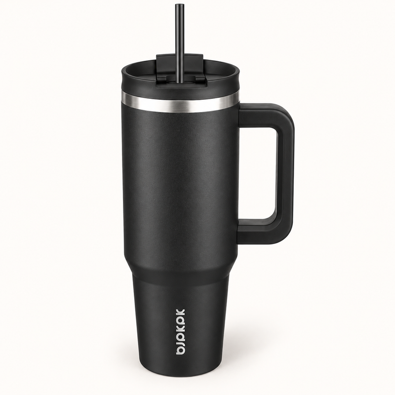 40 Oz Insulated Tumbler with Handle & Straw, Stainless Steel